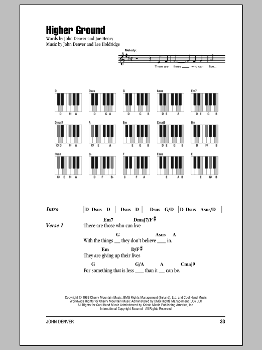 John Denver Higher Ground Sheet Music Notes & Chords for Lyrics & Piano Chords - Download or Print PDF