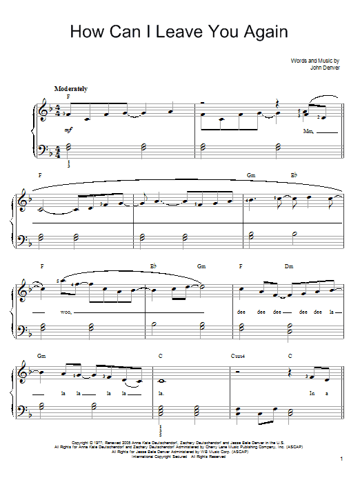 John Denver How Can I Leave You Again Sheet Music Notes & Chords for Easy Piano - Download or Print PDF