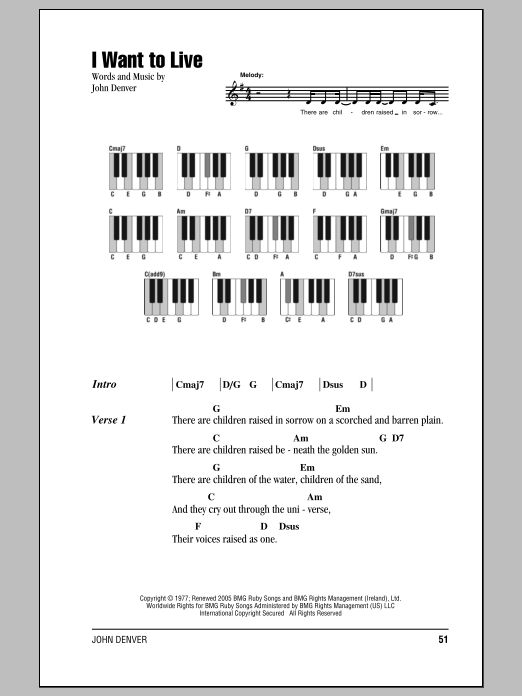 John Denver I Want To Live Sheet Music Notes & Chords for Lyrics & Piano Chords - Download or Print PDF