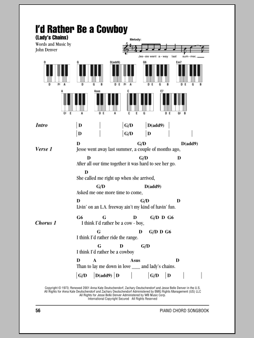 John Denver I'd Rather Be A Cowboy (Lady's Chains) Sheet Music Notes & Chords for Ukulele with strumming patterns - Download or Print PDF