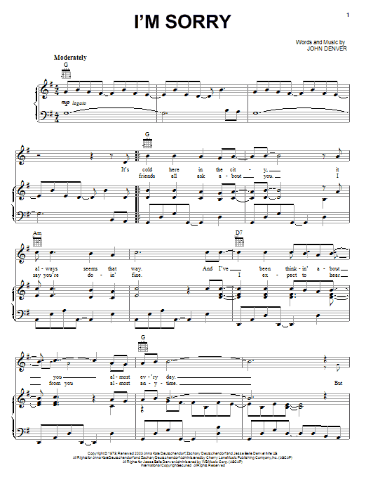John Denver I'm Sorry Sheet Music Notes & Chords for Lyrics & Piano Chords - Download or Print PDF