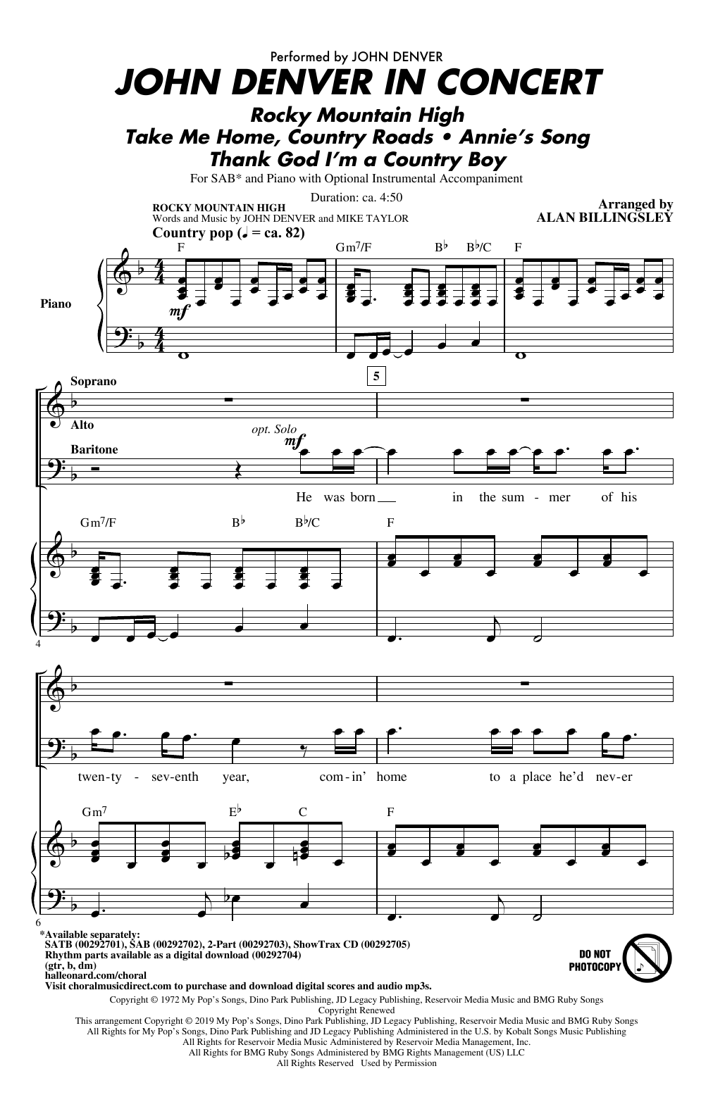 John Denver John Denver In Concert (arr. Alan Billingsley) Sheet Music Notes & Chords for 2-Part Choir - Download or Print PDF