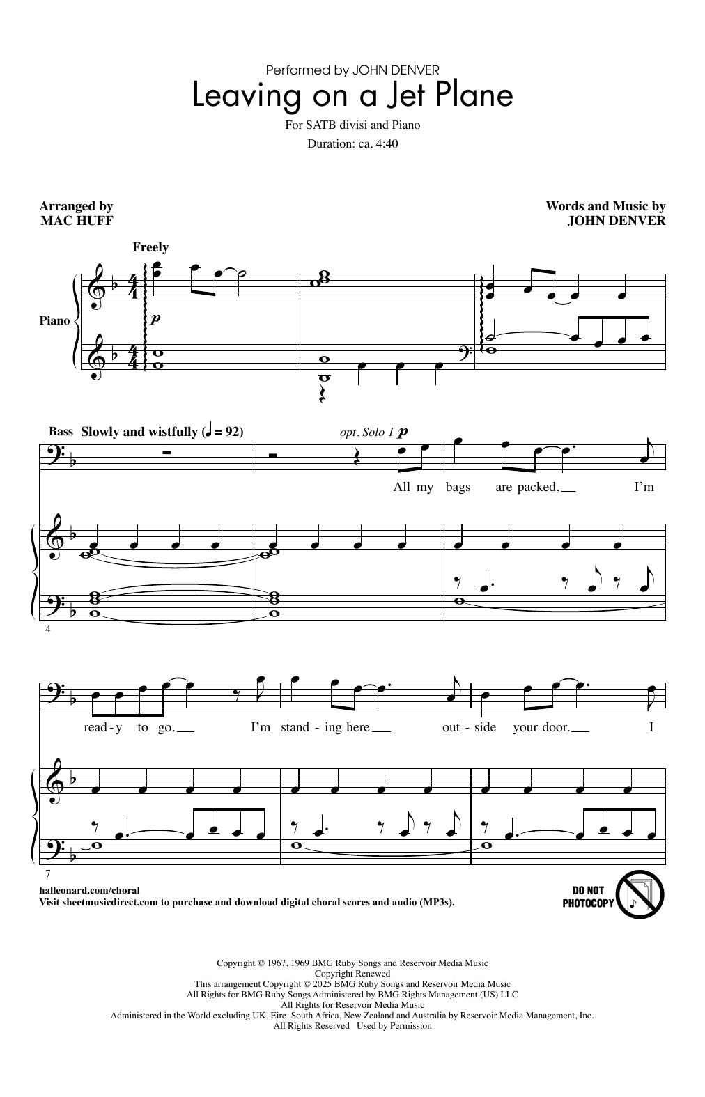 John Denver Leaving On A Jet Plane (arr. Mac Huff) Sheet Music Notes & Chords for SATB divisi Choir - Download or Print PDF