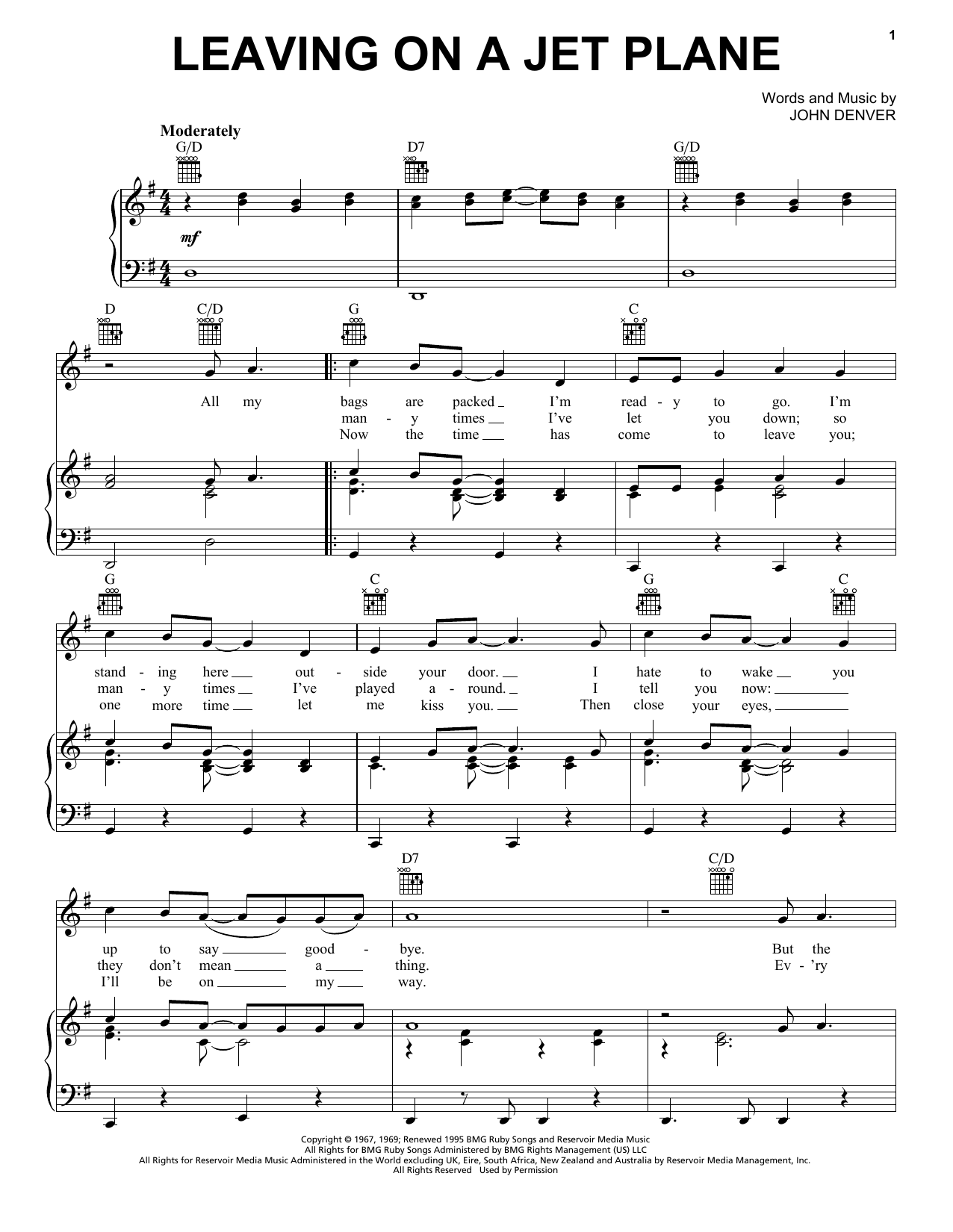 John Denver Leaving On A Jet Plane Sheet Music Notes & Chords for Piano, Vocal & Guitar (Right-Hand Melody) - Download or Print PDF