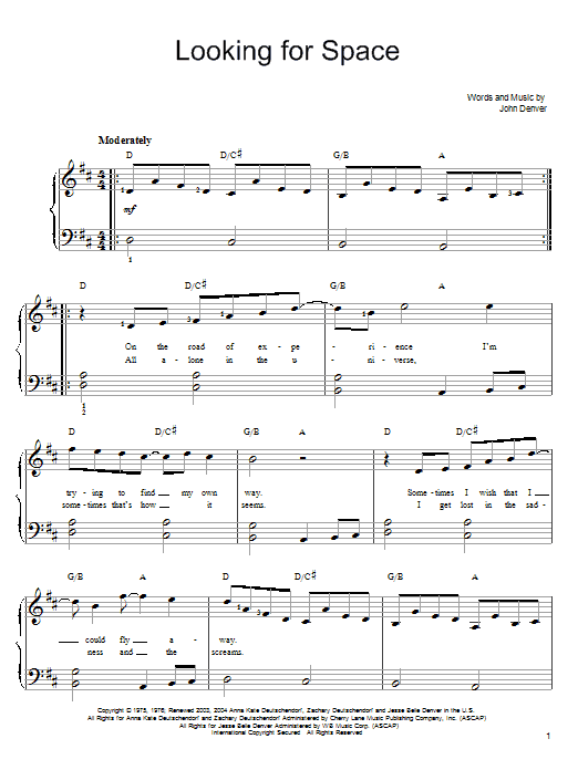 John Denver Looking For Space Sheet Music Notes & Chords for Lyrics & Piano Chords - Download or Print PDF