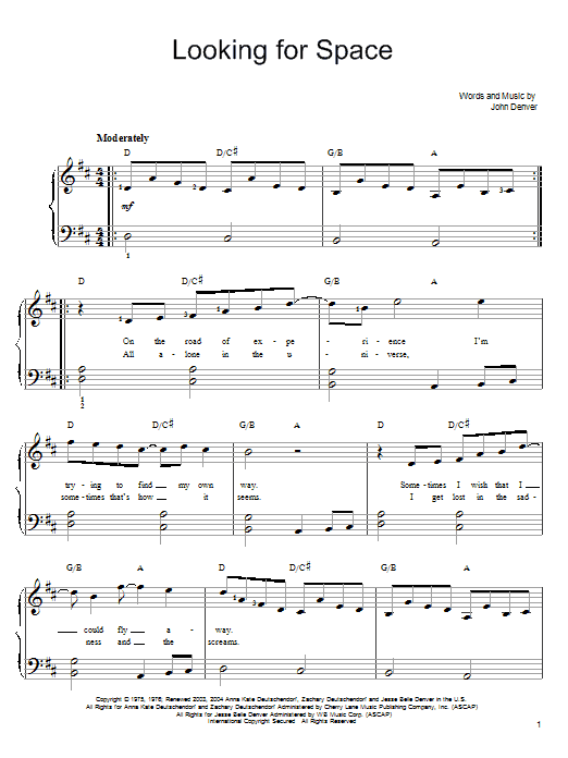 John Denver Looking For Space Sheet Music Notes & Chords for Easy Piano - Download or Print PDF