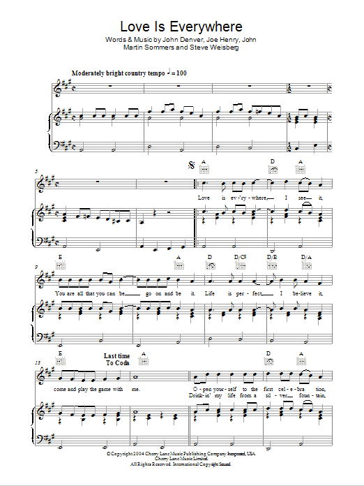 John Denver Love Is Everywhere Sheet Music Notes & Chords for Piano, Vocal & Guitar (Right-Hand Melody) - Download or Print PDF