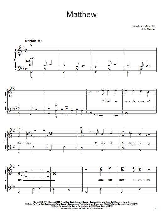 John Denver Matthew Sheet Music Notes & Chords for Easy Piano - Download or Print PDF