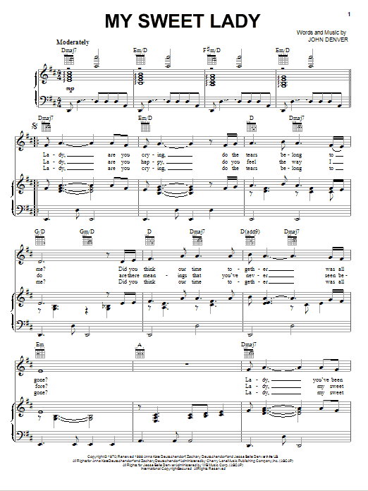 John Denver My Sweet Lady Sheet Music Notes & Chords for Lyrics & Piano Chords - Download or Print PDF