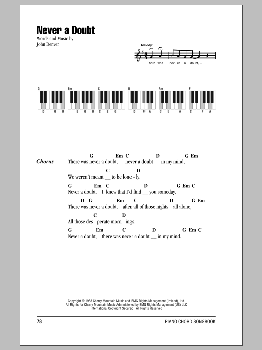 John Denver Never A Doubt Sheet Music Notes & Chords for Lyrics & Piano Chords - Download or Print PDF