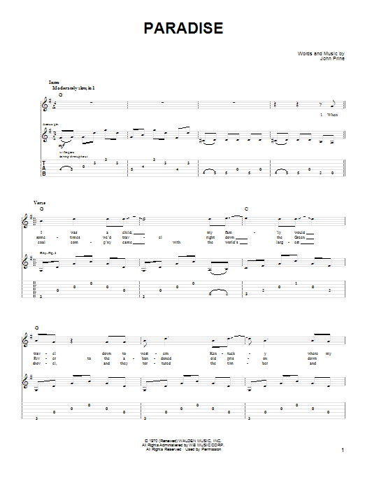 John Denver Paradise Sheet Music Notes & Chords for Guitar Tab - Download or Print PDF