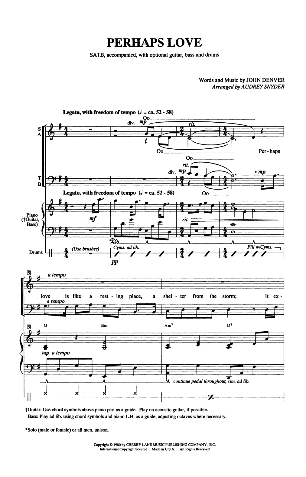 John Denver Perhaps Love (arr. Audrey Snyder) Sheet Music Notes & Chords for SATB Choir - Download or Print PDF
