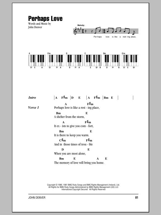 John Denver Perhaps Love Sheet Music Notes & Chords for Piano, Vocal & Guitar (Right-Hand Melody) - Download or Print PDF