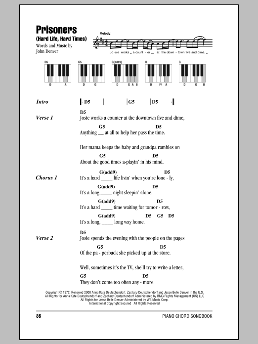 John Denver Prisoners (Hard Life, Hard Times) Sheet Music Notes & Chords for Lyrics & Piano Chords - Download or Print PDF
