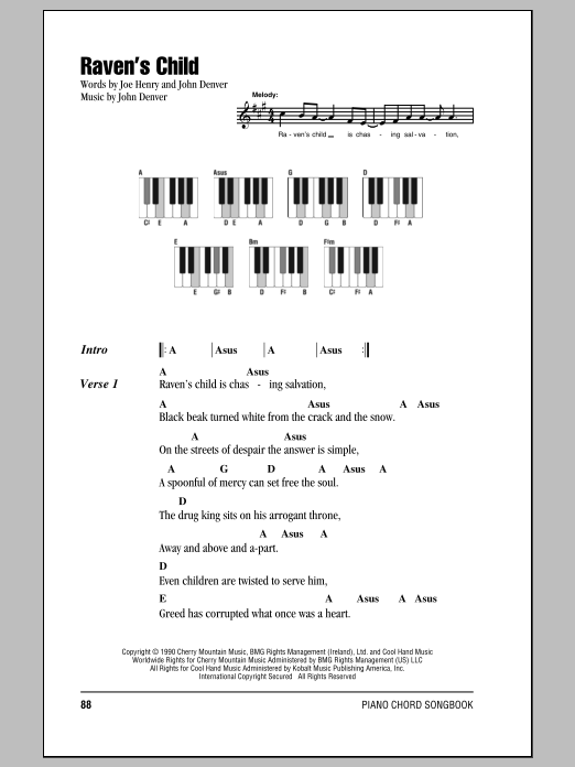 John Denver Raven's Child Sheet Music Notes & Chords for Lyrics & Piano Chords - Download or Print PDF