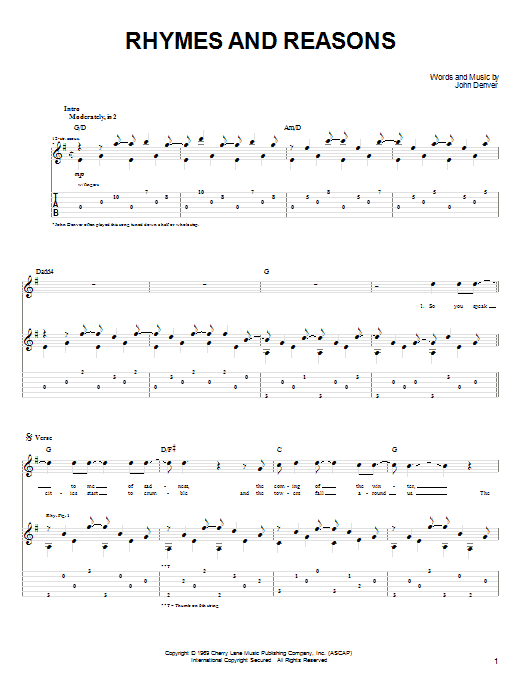 John Denver Rhymes And Reasons Sheet Music Notes & Chords for Guitar Tab - Download or Print PDF