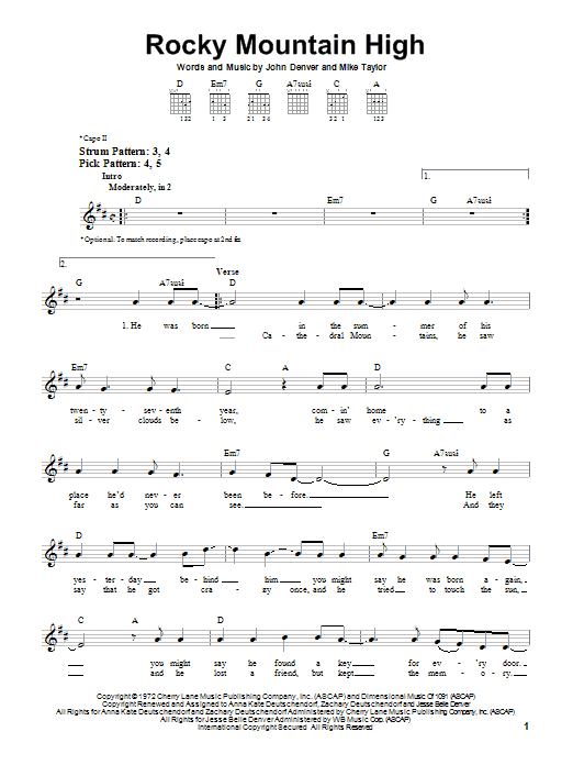 John Denver Rocky Mountain High Sheet Music Notes & Chords for Easy Guitar - Download or Print PDF