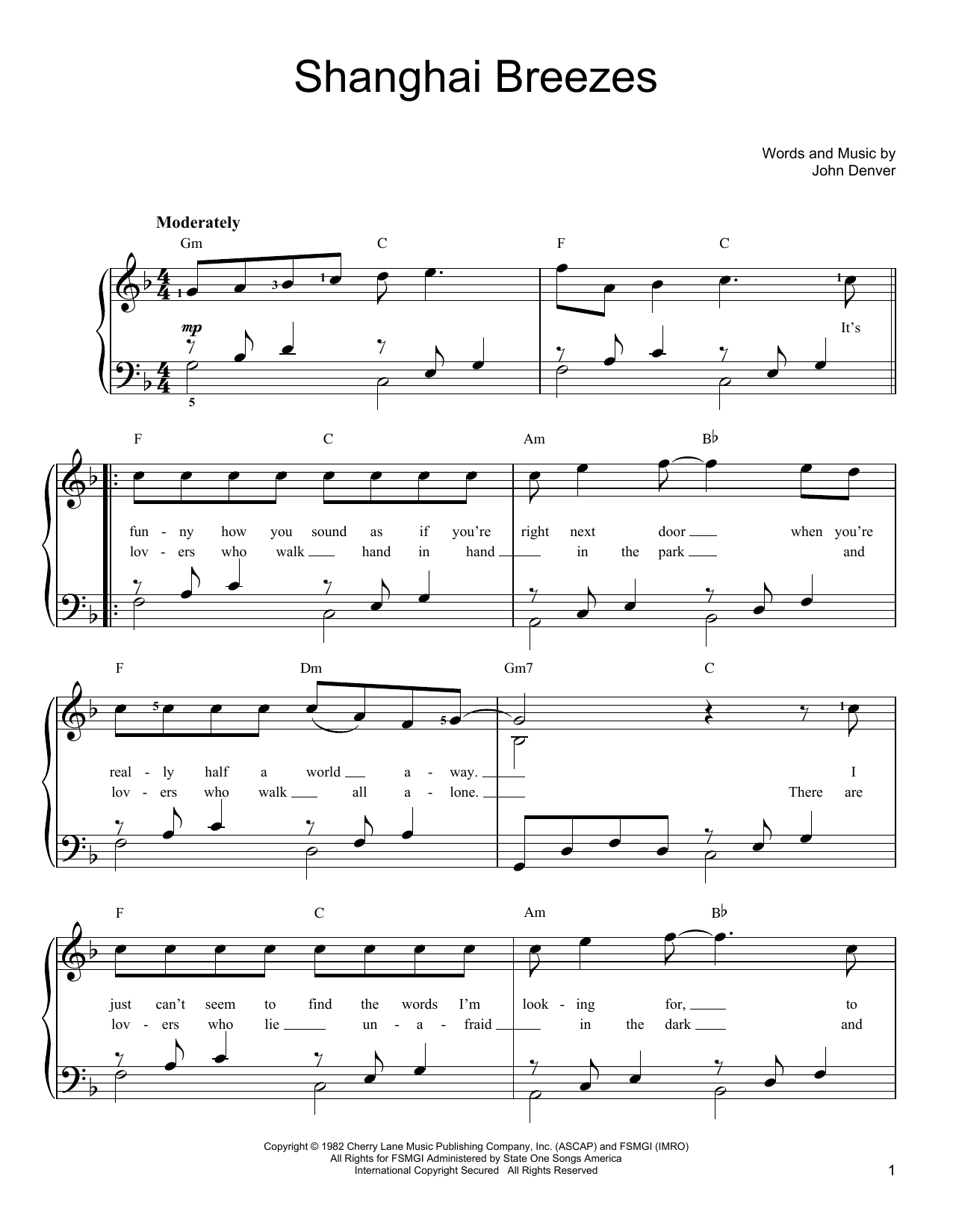 John Denver Shanghai Breezes Sheet Music Notes & Chords for Lyrics & Piano Chords - Download or Print PDF