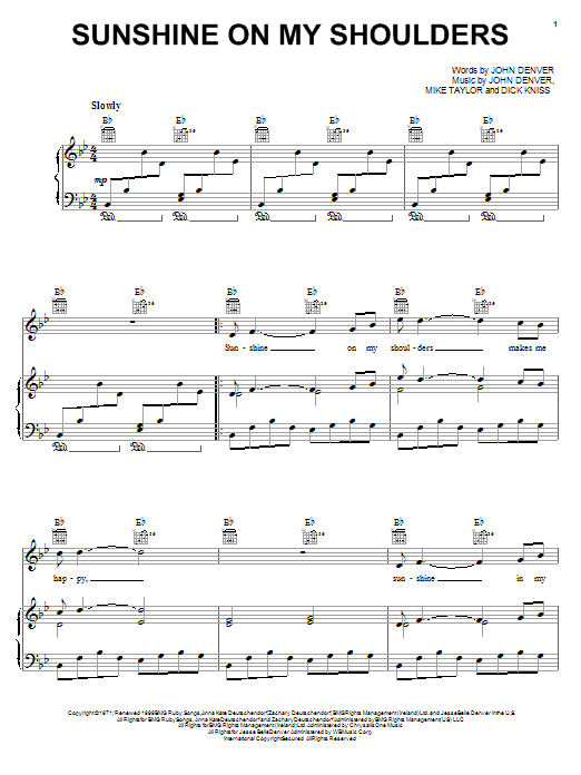 John Denver Sunshine On My Shoulders Sheet Music Notes & Chords for Lyrics & Piano Chords - Download or Print PDF