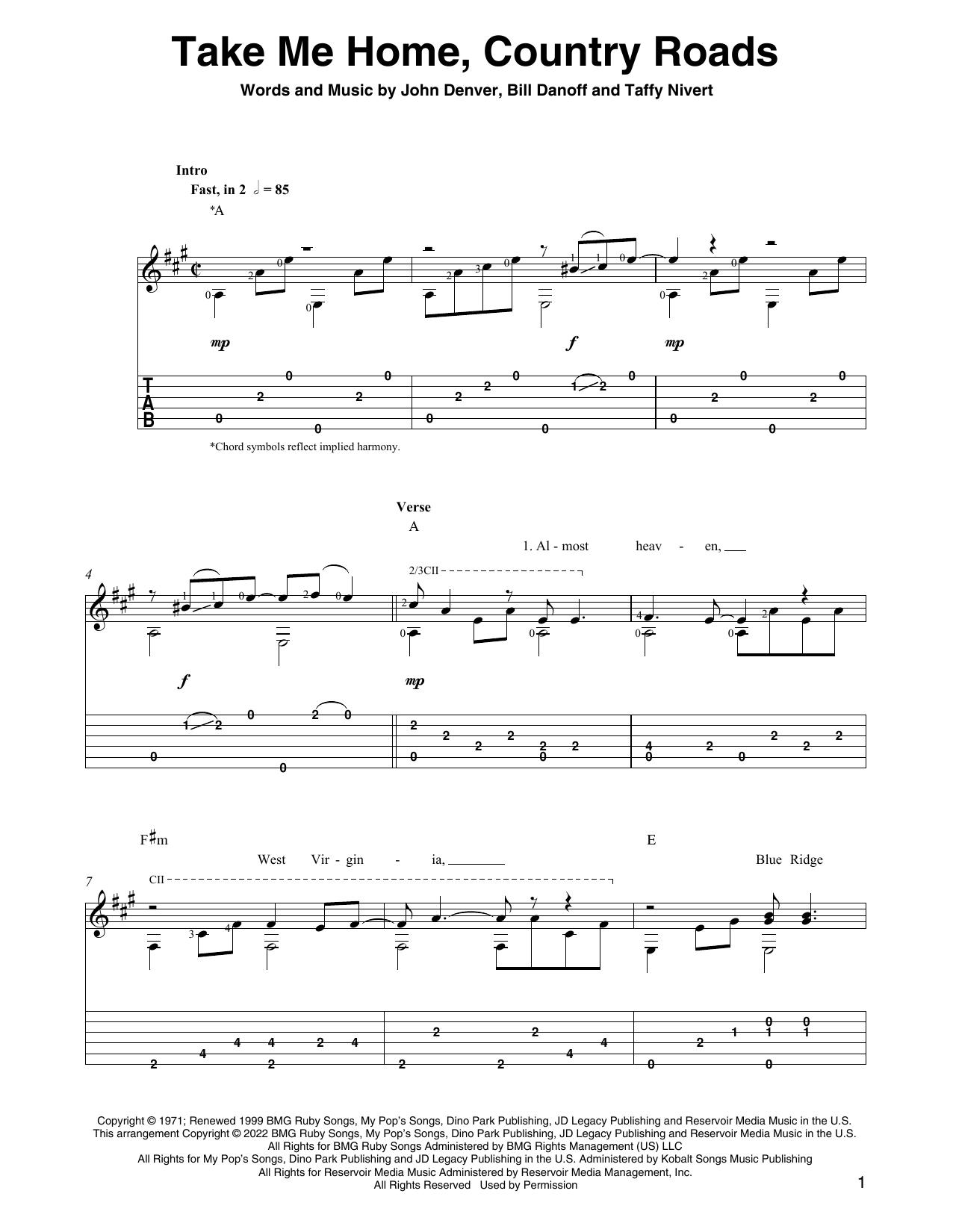 John Denver Take Me Home, Country Roads (arr. Ben Pila) Sheet Music Notes & Chords for Solo Guitar - Download or Print PDF