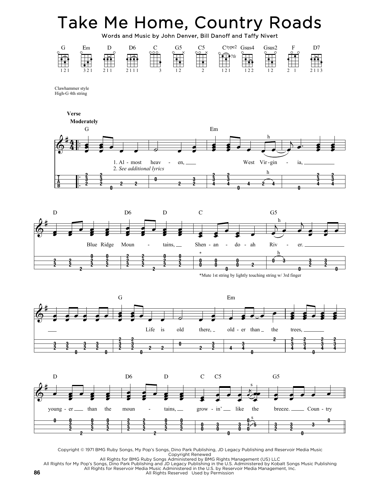 John Denver Take Me Home, Country Roads (arr. Jim Schustedt) Sheet Music Notes & Chords for Ukulele - Download or Print PDF John Denver Take Me Home, Country Roads (arr. Jim Schustedt) Sheet Music Notes & Chords for Ukulele - Download or Print PDF