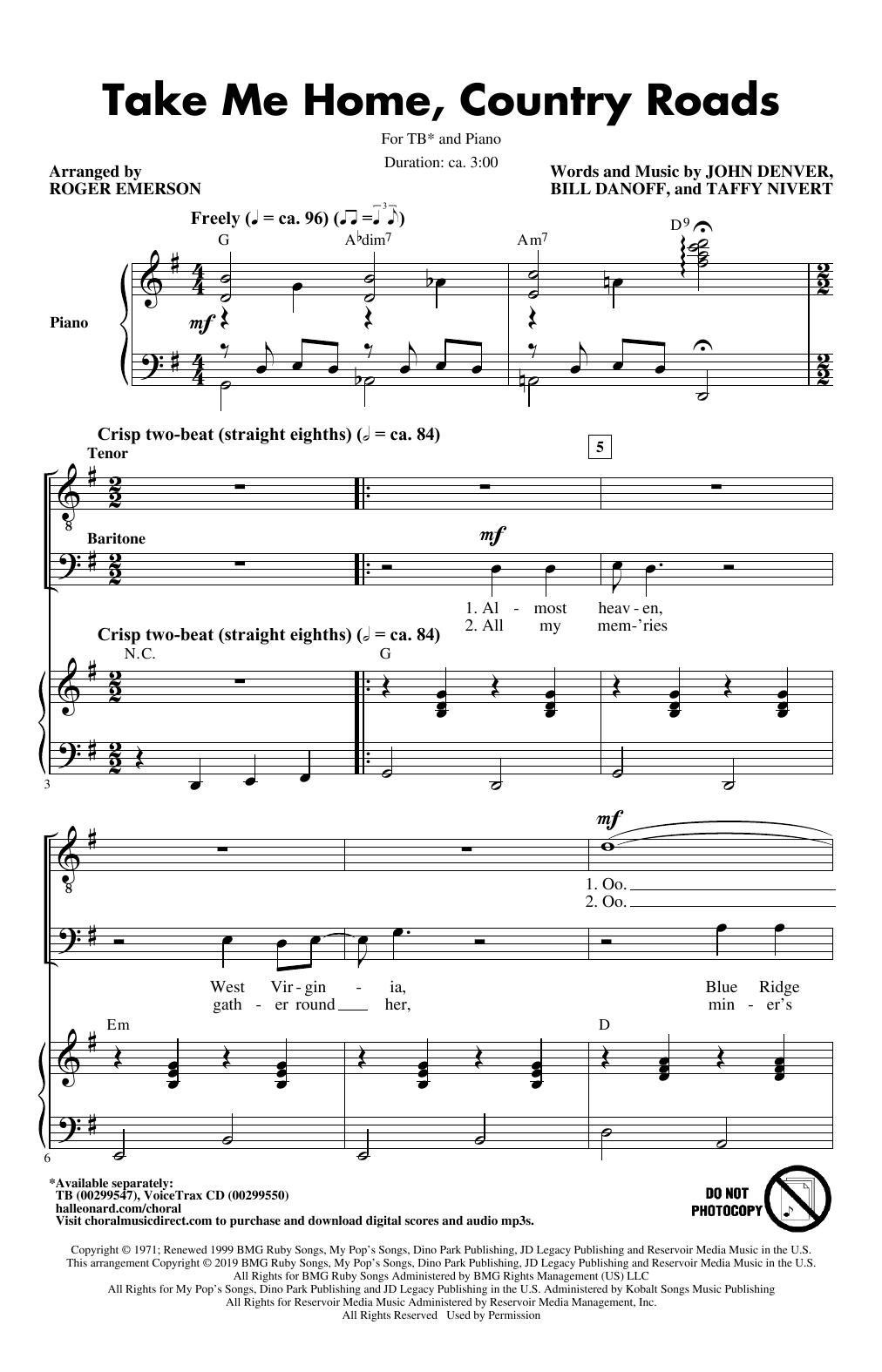 John Denver Take Me Home, Country Roads (arr. Roger Emerson) Sheet Music Notes & Chords for TB Choir - Download or Print PDF