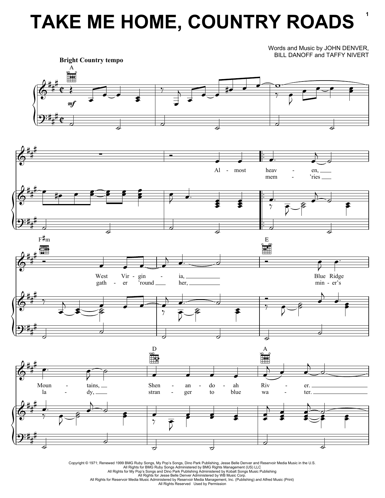 John Denver Take Me Home, Country Roads Sheet Music Notes & Chords for Mandolin - Download or Print PDF