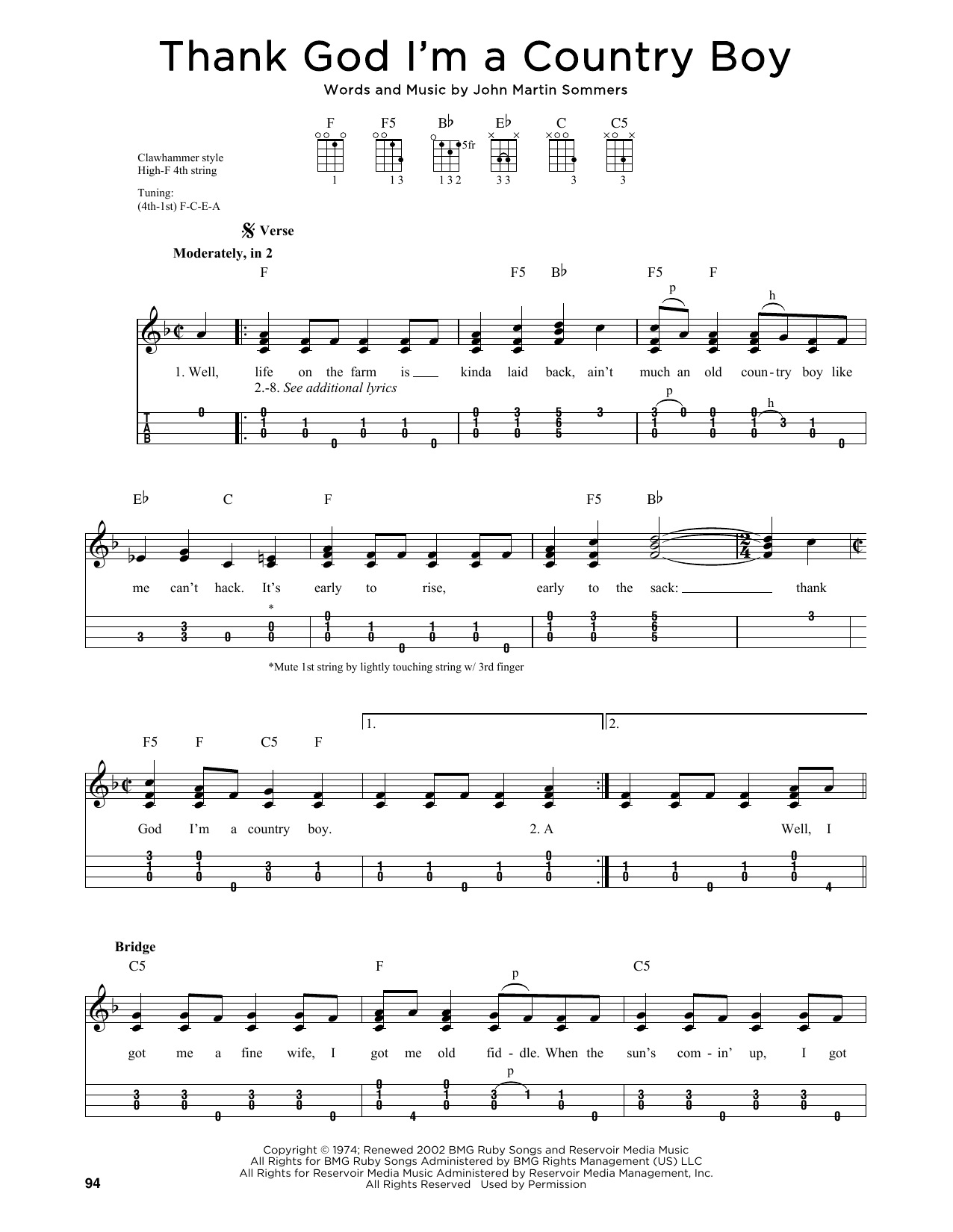 John Denver Thank God I'm A Country Boy (arr. Jim Schustedt) Sheet Music Notes & Chords for Ukulele - Download or Print PDF John Denver Thank God I'm A Country Boy (arr. Jim Schustedt) Sheet Music Notes & Chords for Ukulele - Download or Print PDF