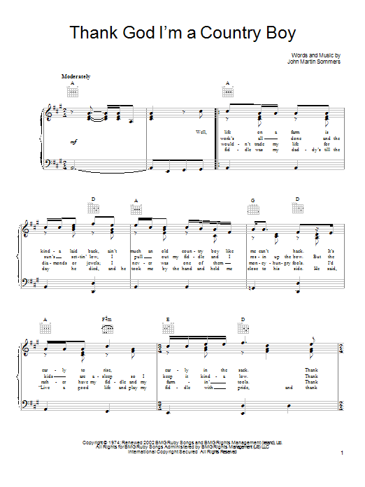 John Denver Thank God I'm A Country Boy Sheet Music Notes & Chords for Piano, Vocal & Guitar (Right-Hand Melody) - Download or Print PDF