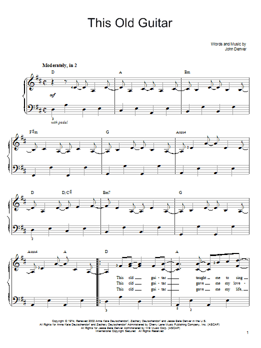 John Denver This Old Guitar Sheet Music Notes & Chords for Lyrics & Piano Chords - Download or Print PDF