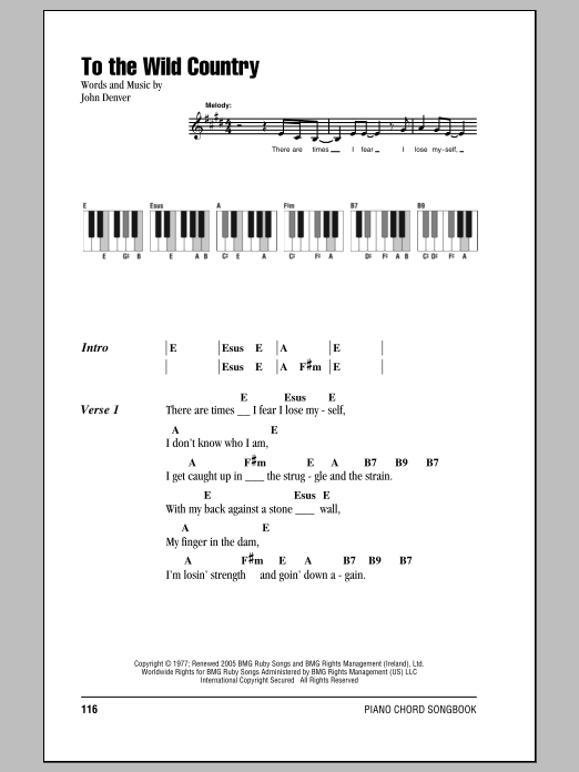 John Denver To The Wild Country Sheet Music Notes & Chords for Lyrics & Piano Chords - Download or Print PDF