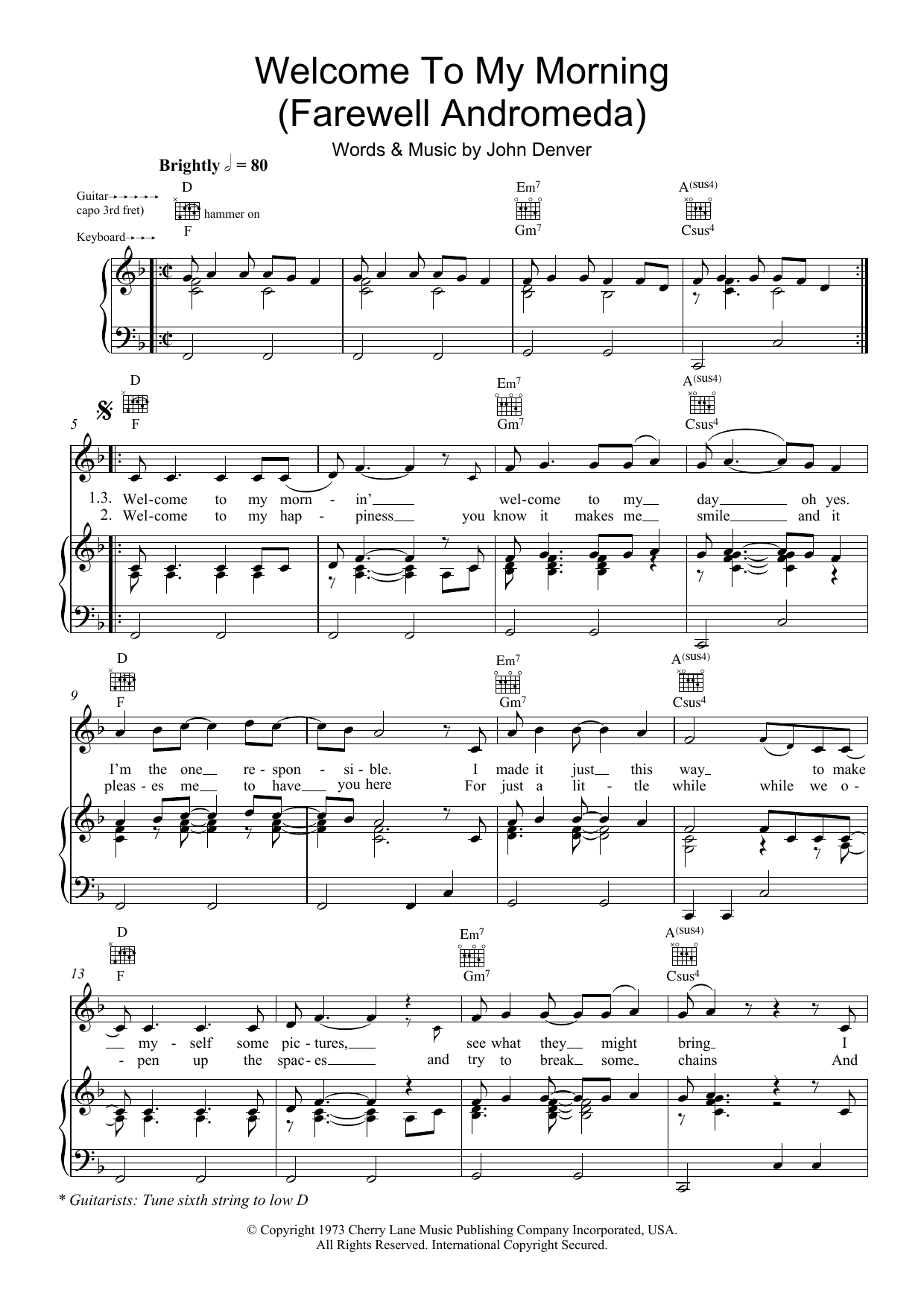 John Denver Welcome To My Morning (Farewell Andromeda) Sheet Music Notes & Chords for Piano, Vocal & Guitar (Right-Hand Melody) - Download or Print PDF