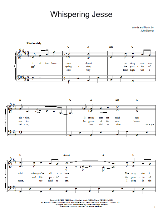 John Denver Whispering Jesse Sheet Music Notes & Chords for Lyrics & Piano Chords - Download or Print PDF