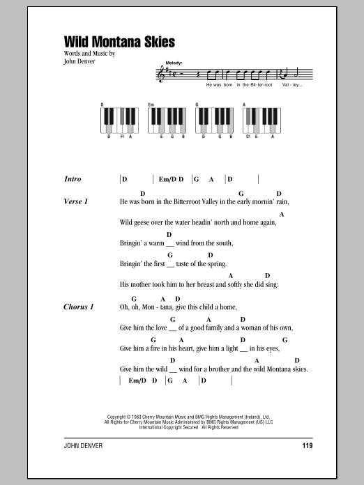 John Denver Wild Montana Skies Sheet Music Notes & Chords for Lyrics & Piano Chords - Download or Print PDF