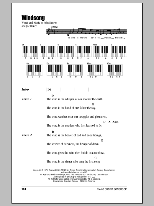 John Denver Windsong Sheet Music Notes & Chords for Lyrics & Piano Chords - Download or Print PDF