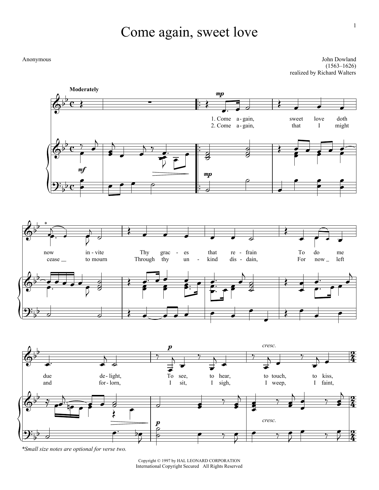 John Dowland Come Again, Sweet Love (Dowland) Sheet Music Notes & Chords for Piano & Vocal - Download or Print PDF