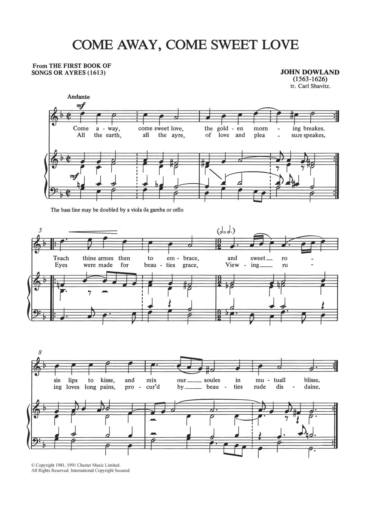 John Dowland Come Away, Come Sweet Love Sheet Music Notes & Chords for Piano & Vocal - Download or Print PDF