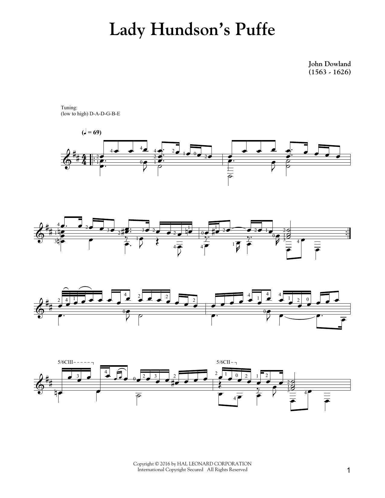 John Dowland Lady Hunsdon's Puffe Sheet Music Notes & Chords for Guitar Tab - Download or Print PDF