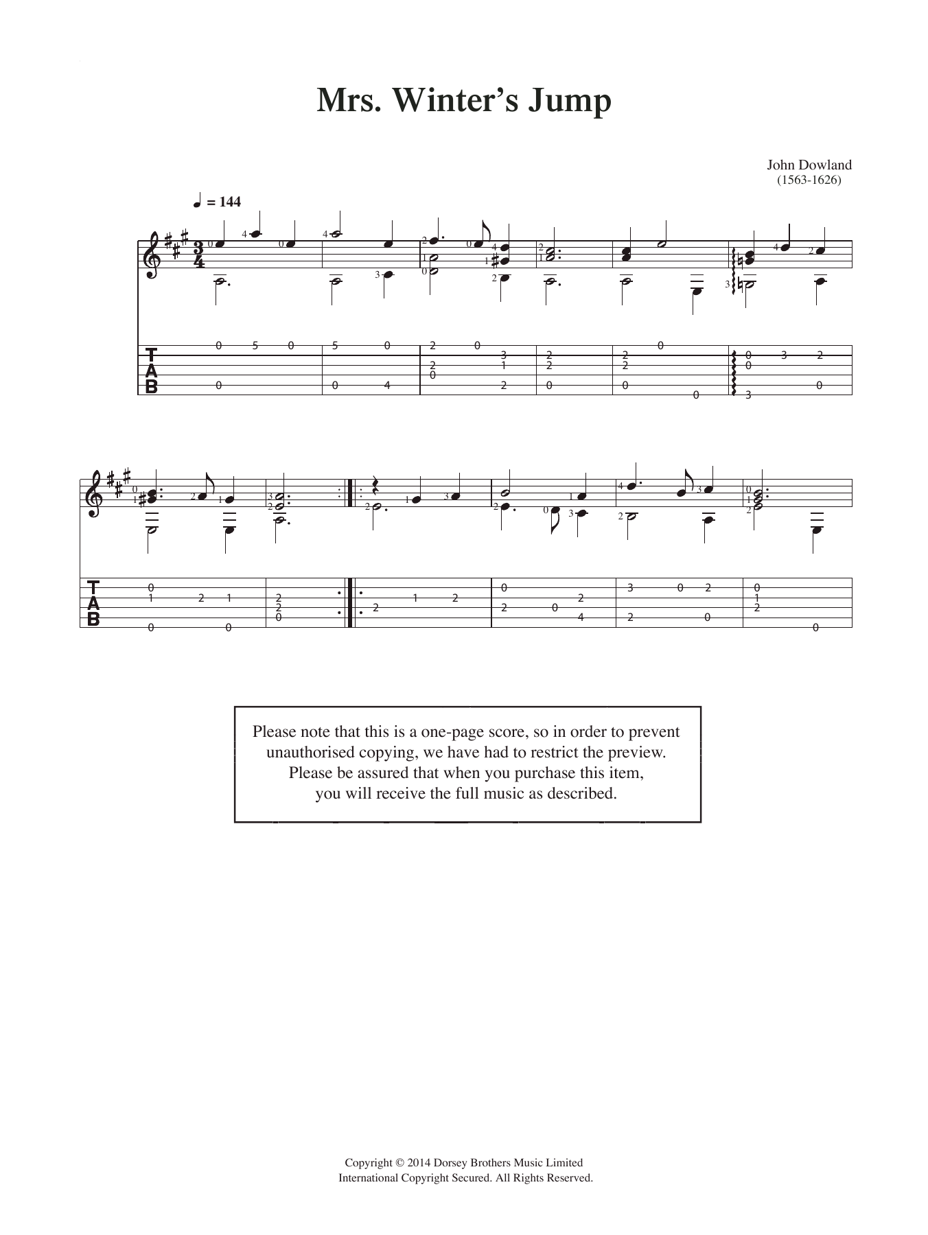 John Dowland Mrs Winter's Jump Sheet Music Notes & Chords for Guitar - Download or Print PDF