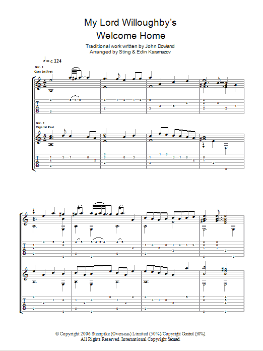 John Dowland My Lord Willoughby's Welcome Home (as performed by Sting and Edin Karamazov) Sheet Music Notes & Chords for Guitar Tab - Download or Print PDF