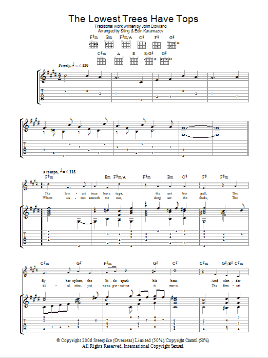 John Dowland The Lowest Trees Have Tops (as performed by Sting and Edin Karamazov) Sheet Music Notes & Chords for Guitar Tab - Download or Print PDF