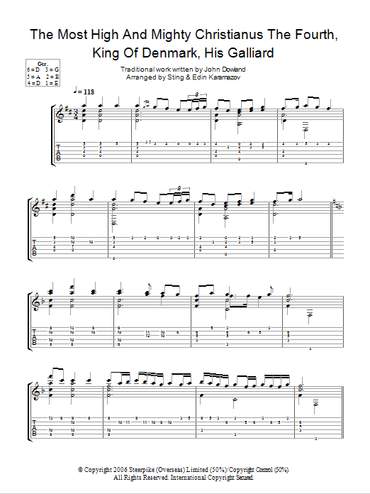 John Dowland The Most High And Mighty Christianus The Fourth... (as performed by Sting and Edin Karamazov) Sheet Music Notes & Chords for Guitar Tab - Download or Print PDF