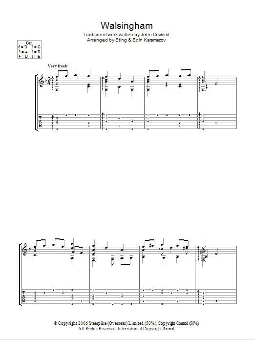 John Dowland Walsingham (as performed by Sting and Edin Karamazov) Sheet Music Notes & Chords for Guitar Tab - Download or Print PDF