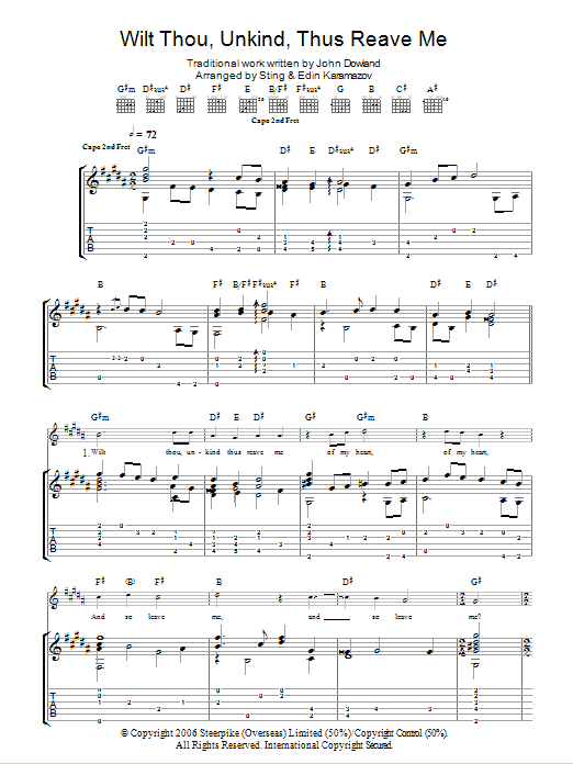 John Dowland Wilt Thou Unkind Thus Reave Me (as performed by Sting and Edin Karamazov) Sheet Music Notes & Chords for Guitar Tab - Download or Print PDF