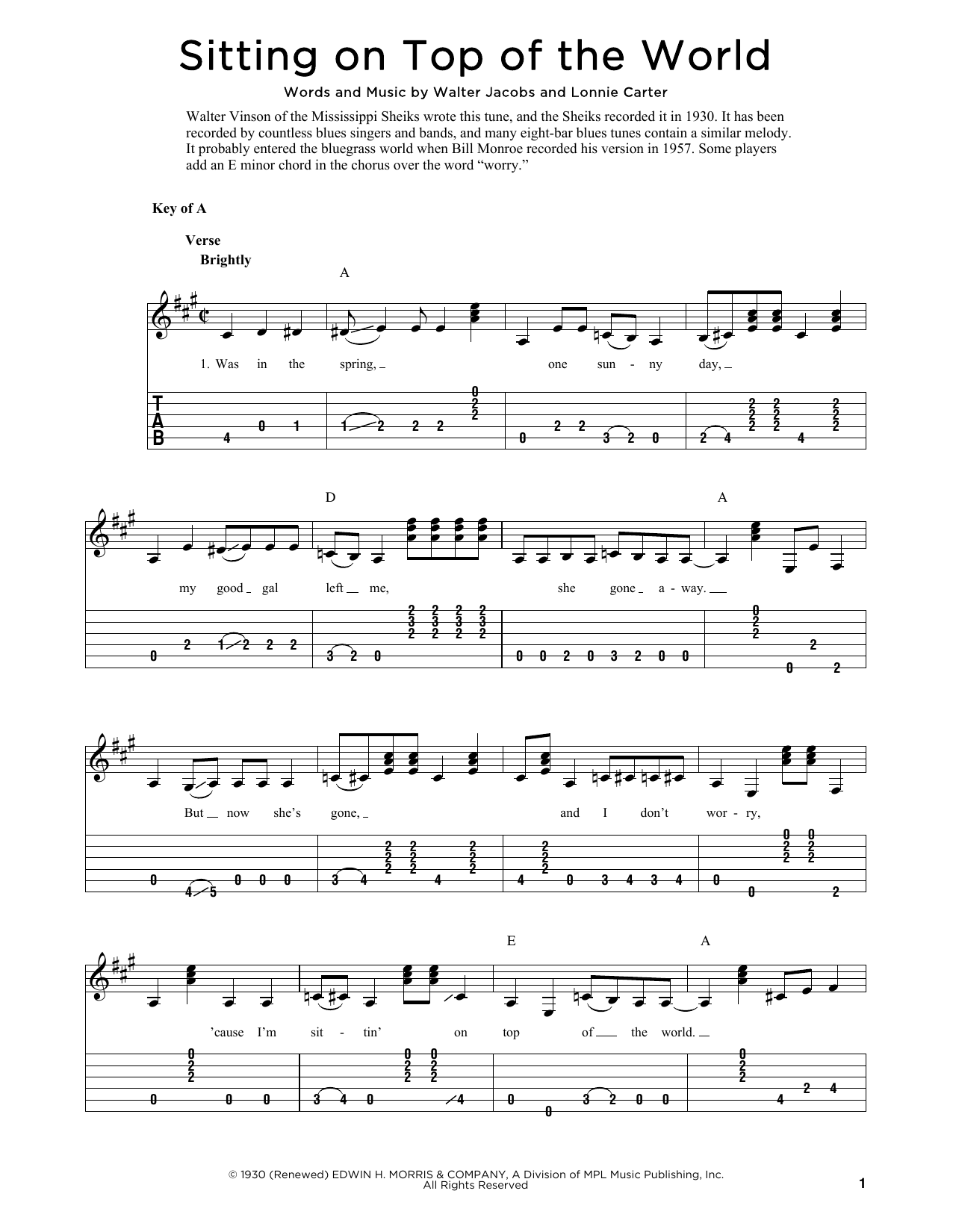John Duffey Sitting On Top Of The World (arr. Fred Sokolow) Sheet Music Notes & Chords for Solo Guitar Tab - Download or Print PDF