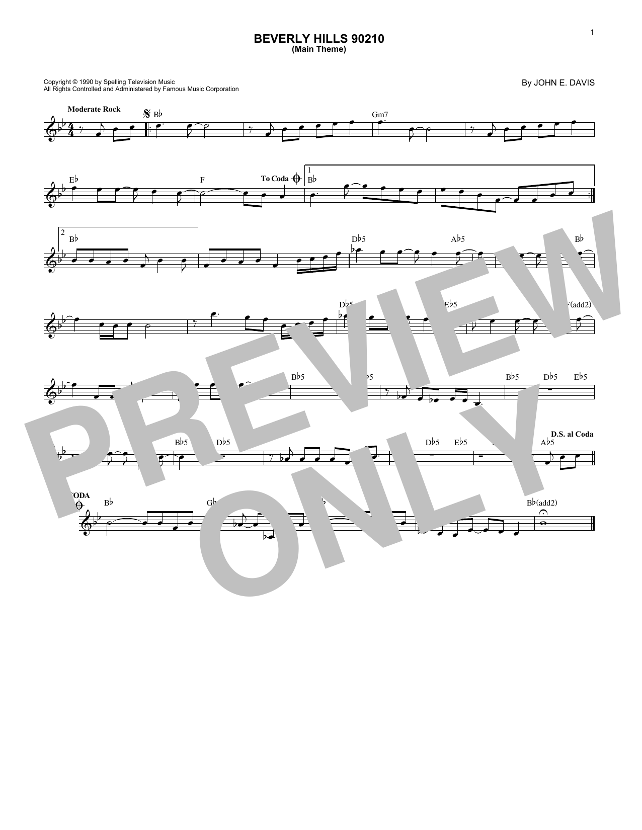 John E. Davis Beverly Hills 90210 (Main Theme) Sheet Music Notes & Chords for Melody Line, Lyrics & Chords - Download or Print PDF