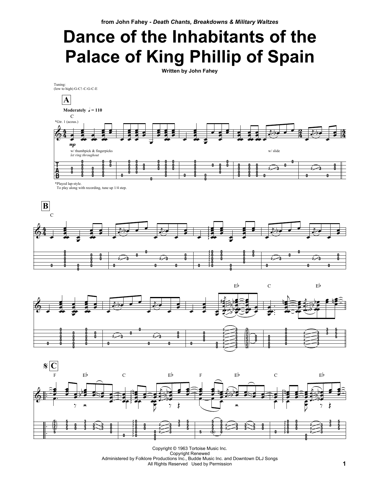 John Fahey Dance Of The Inhabitants Of The Palace Of King Philip Of Spain Sheet Music Notes & Chords for Guitar Tab - Download or Print PDF