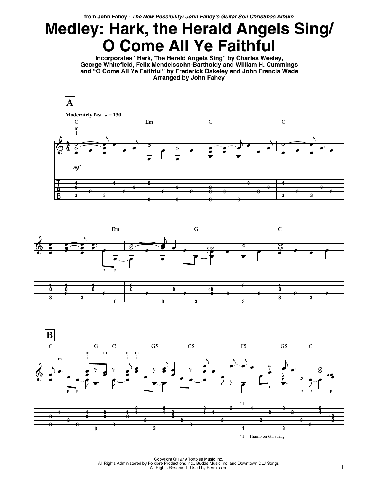 John Fahey Hark, The Herald Angels Sing / O Come All Ye Faithful - Medley Sheet Music Notes & Chords for Guitar Tab - Download or Print PDF