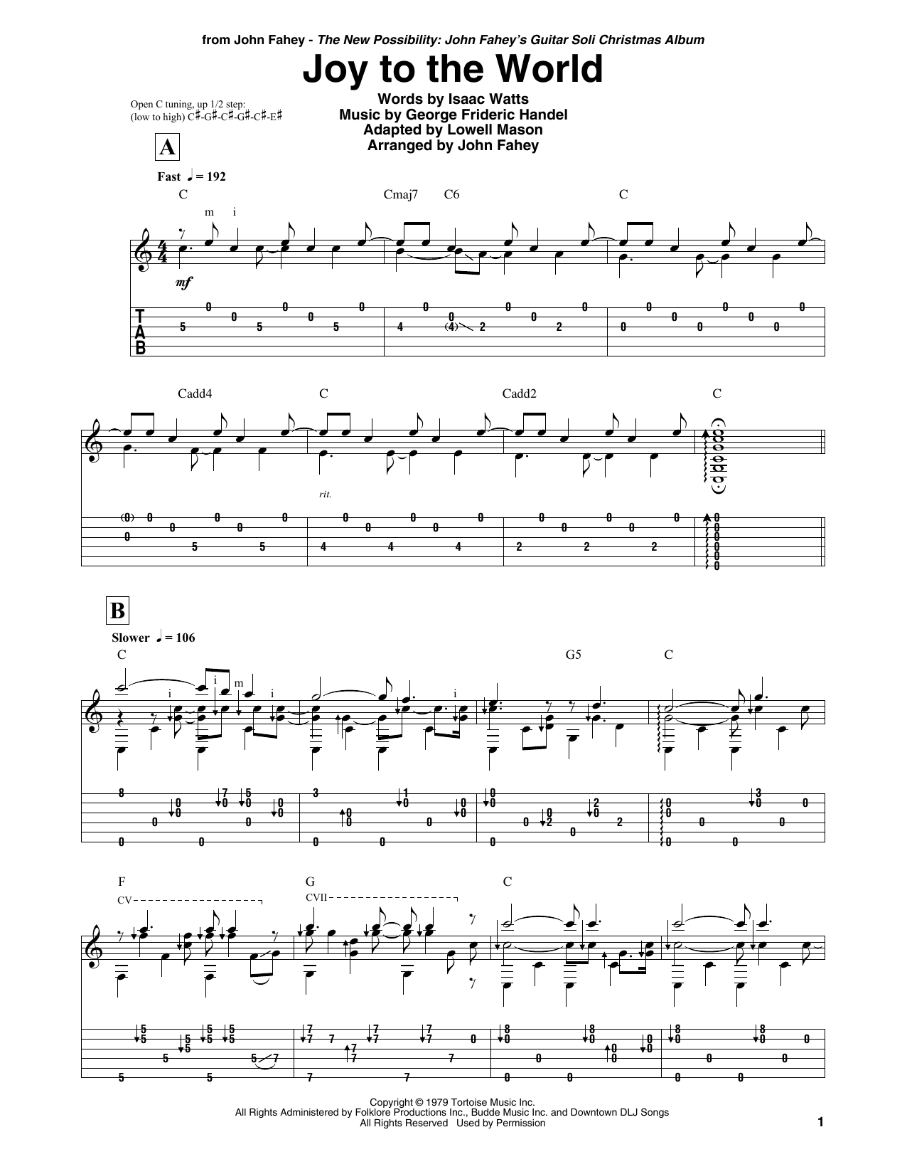 John Fahey Joy To The World Sheet Music Notes & Chords for Guitar Tab - Download or Print PDF