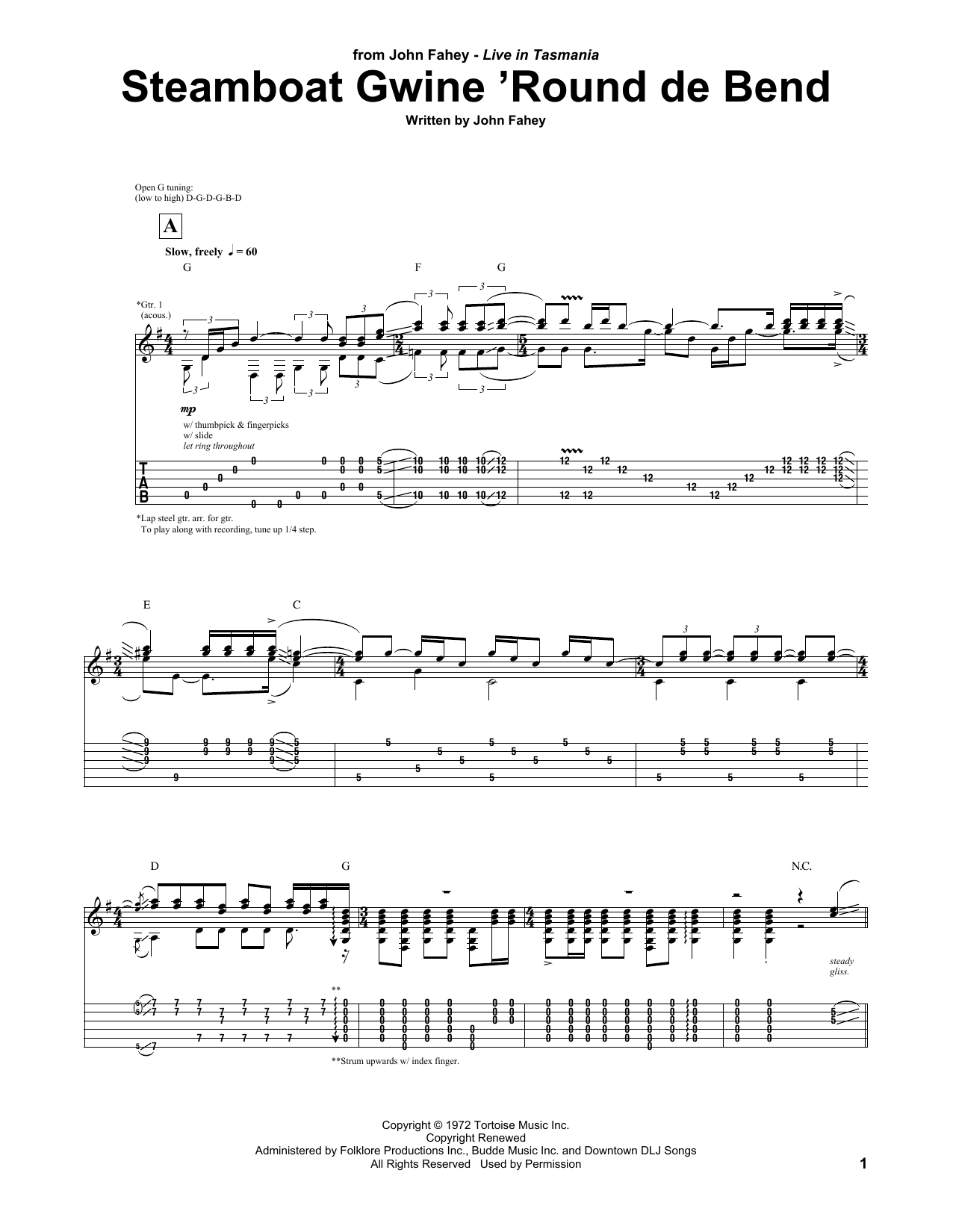 John Fahey Steamboat Gwine 'Round De Bend Sheet Music Notes & Chords for Guitar Tab - Download or Print PDF